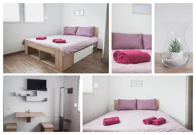 four pictures of a room with two beds and a refrigerator at Apartmaji Hrast - Podbela in Podbela