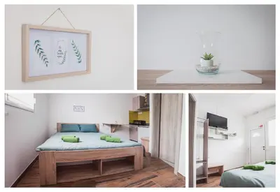 two pictures of a bedroom with a bed and a kitchen at Apartmaji Hrast - Podbela in Podbela