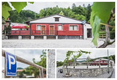 a collage of photos with a red house at Apartmaji Hrast - Podbela in Podbela