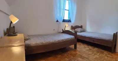 a bedroom with two beds and a window at Apartma Julija Hiška 59 in Čatež ob Savi