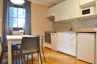 a kitchen and dining room with a table and chairs at Apartma Julija Hiška 59 in Čatež ob Savi