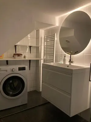 a bathroom with a washing machine and a mirror at Park in Ljubljana