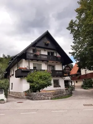 a large white house with a black roof at Apartma Košnik PERUNIKA in Bohinj