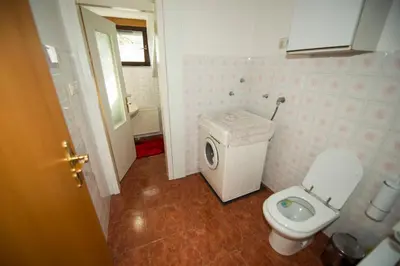 a bathroom with a toilet and a washing machine at Apartma Košnik PERUNIKA in Bohinj