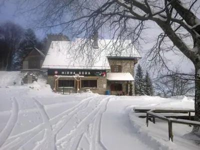 a building covered in snow with benches in front of it at Zidanica Lackner in Črnomelj