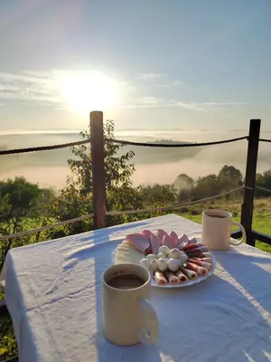 a table with a plate of food and cups of coffee at Zidanica Lackner in Črnomelj