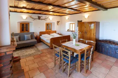 a living room with a table and a bed and a couch at Zidanica Lackner in Črnomelj