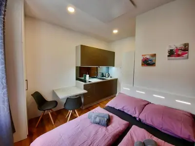 a bedroom with two beds and a desk in it at Apartment Silver in Ljubljana