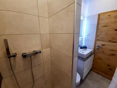 a bathroom with a shower with a toilet and a sink at Apartment Gold in Ljubljana
