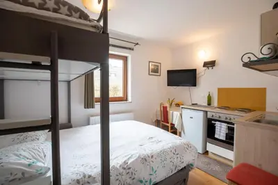 a bedroom with a bunk bed and a kitchen at Apartma Lovor in Bohinj