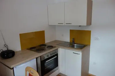 a small kitchen with a stove and a sink at Apartma Lovor in Bohinj