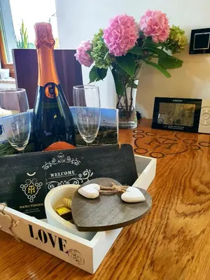 a bottle of wine and a box on a wooden table at Vineyard cottage Matej in Trebnje