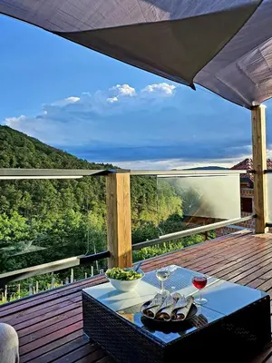 a table with two glasses of wine on a deck at Vineyard cottage Matej in Trebnje