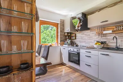 a kitchen with white cabinets and a wooden floor at Vineyard cottage Matej in Trebnje