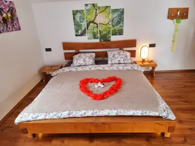 a bedroom with a bed with a heart pillow on it at Vineyard cottage Matej in Trebnje