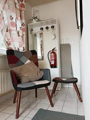 a living room with a chair and a mirror at Apartmaji Sofia in Maribor