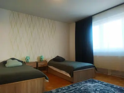 a bedroom with two beds and a window and a rug at Apartmaji Sofia in Maribor