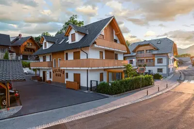 a large house with a black roof on a street at Veldes B&B in Bled