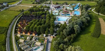 an aerial view of a resort with a pool at Holiday Cottage Krishtan in Podčetrtek