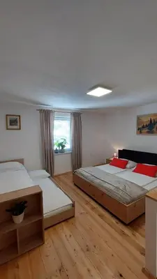 a bedroom with two beds and a window at Apartments Ela in Rateče