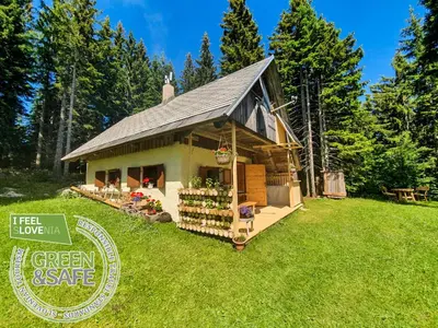a small house with a green estate sign in front of it at MOUNTAIN ECO CHALET KONJSKA DOLINA on 1400 m asl -near Pokljuka in Srednja Vas v Bohinju