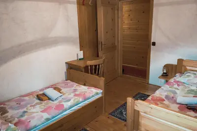 a room with two beds in a room with wooden walls at PENZIJON URBANC in Lovrenc na Pohorju