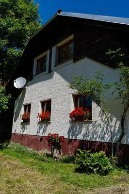 a house with two windows with flowers on it at Apartment Vrhivšek in Frankolovo