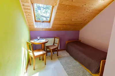a small room with a bed and a table and a window at Apartment Vrhivšek in Frankolovo
