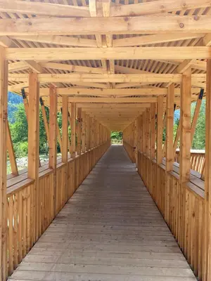 a wooden pedestrian bridge with a wooden ceiling at Apartma Nina in Bohinj