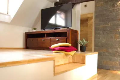 a living room with a tv on top of a dresser at Petkovšek Rooms and Apartments in Ljubljana
