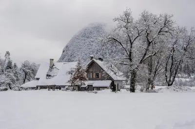 a house covered in snow next to a tree at Charming blacksmith`s house @ Lake Bohinj in Bohinj