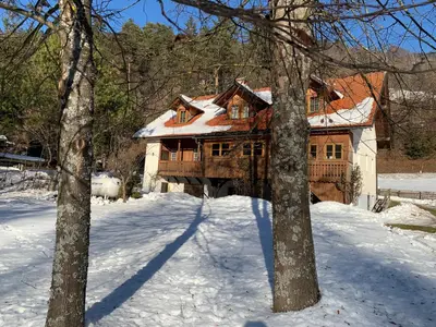 a house in the snow with two trees at House Alpine Rose in Mojstrana