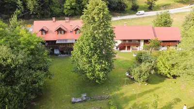 an aerial view of a large house with a tree at House Alpine Rose in Mojstrana