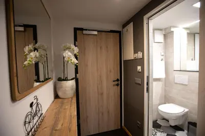 a bathroom with a toilet and a wooden door at Becycle Sustainable stay and travel in Maribor