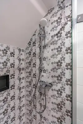 a shower in a bathroom with black and white tiles at Holiday house Zupanc in Bohinj