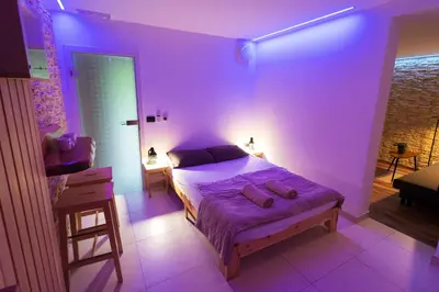 a purple bedroom with a bed with two pillows on it at Savna cimr in Mežica