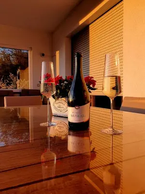 a bottle of wine sitting on a table with two glasses at Hisa dobrega pocutja in Kozina