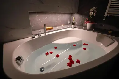 a white bath tub with red flowers in it at Hisa dobrega pocutja in Kozina