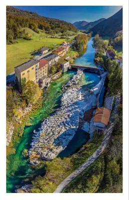 an aerial view of a river with a train on it at Apartments Jez in Slappe dʼIdria