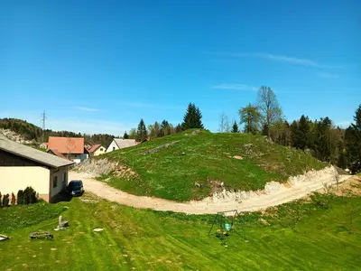 a grassy hill with a house and a dirt road at turistična kmetija pr mark in Trebče