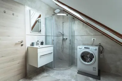 a bathroom with a shower and a washing machine at Julian Manor apartments in Bovec