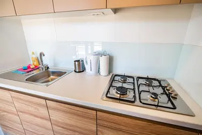 a kitchen counter with a stove and a sink at Mediteran Homes with Terme Čatež Tickets in Čatež ob Savi