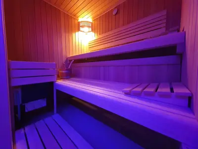 a small sauna with a purple light on it at Počitniška hiša Grube z wellnesom in Puconci