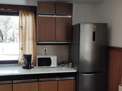 a kitchen with a refrigerator and a microwave at Apartment V&N, LAKE BOHINJ in Bohinj
