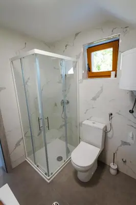 a bathroom with a shower and a toilet at Vineyard cottage Radulja in Smarjeske Toplice