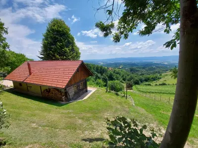 a small building with a red roof on a hill at Oldhouse Knezovo in Sromlje