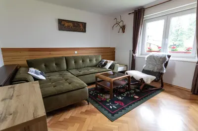 a living room with a green couch and chairs at Sobe v Gozdu in Gozd Martuljek