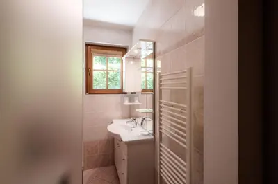 a bathroom with a sink and a mirror at Tromeja in Rateče