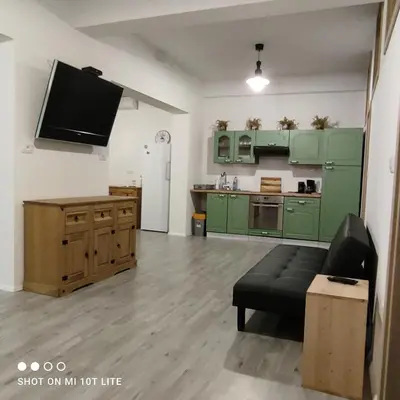 a large living room with green cabinets and a tv at PRENOČIŠČE 9a in Tolmin