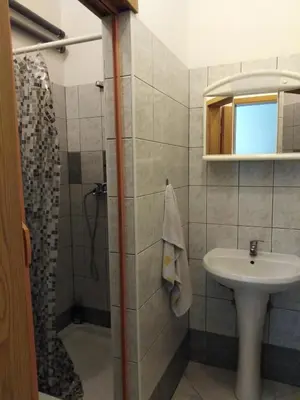 a bathroom with a shower and a sink at PRENOČIŠČE 9a in Tolmin